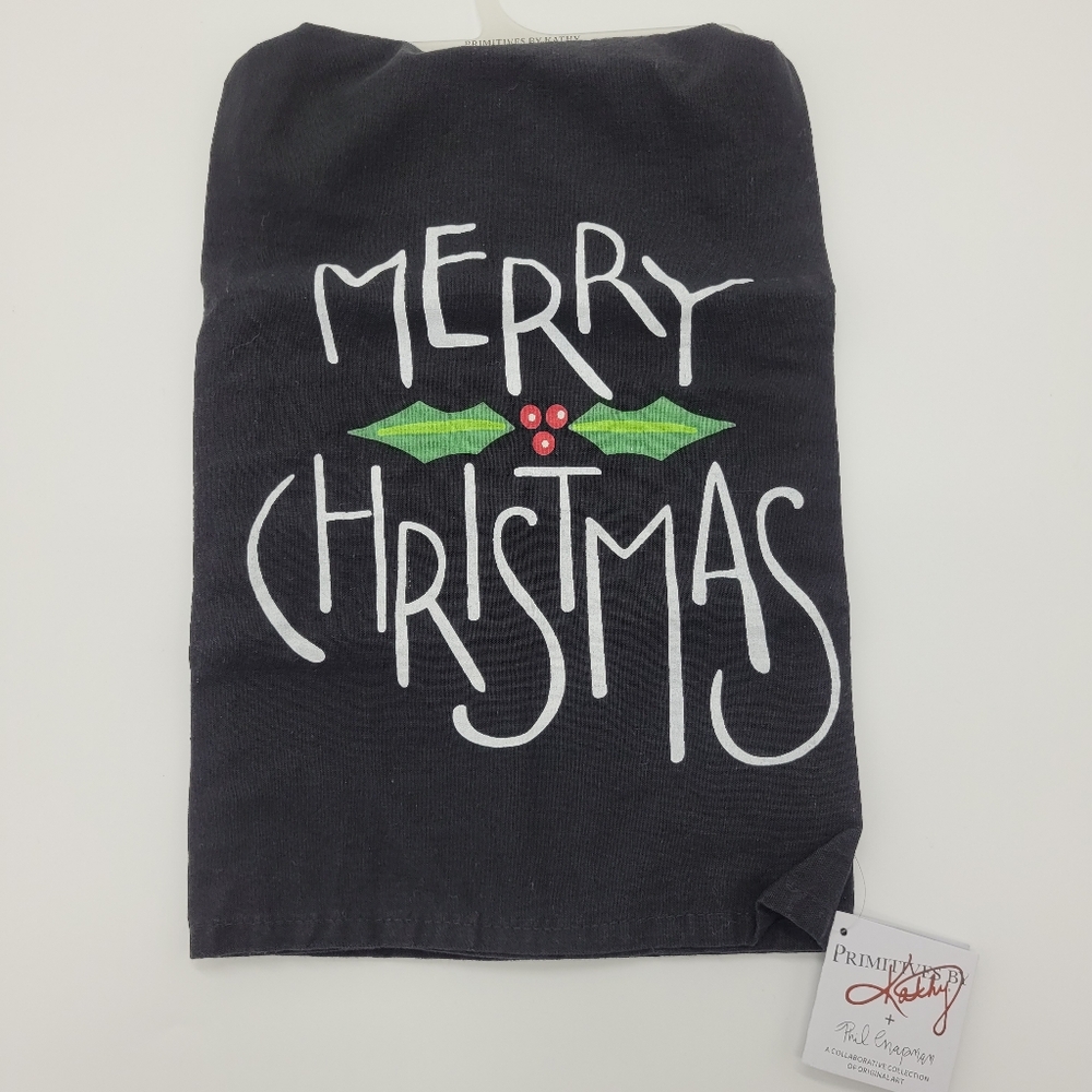 Primitives By Kathy Merry Christmas Black Kitchen Towel Cotton Holiday Holly NEW